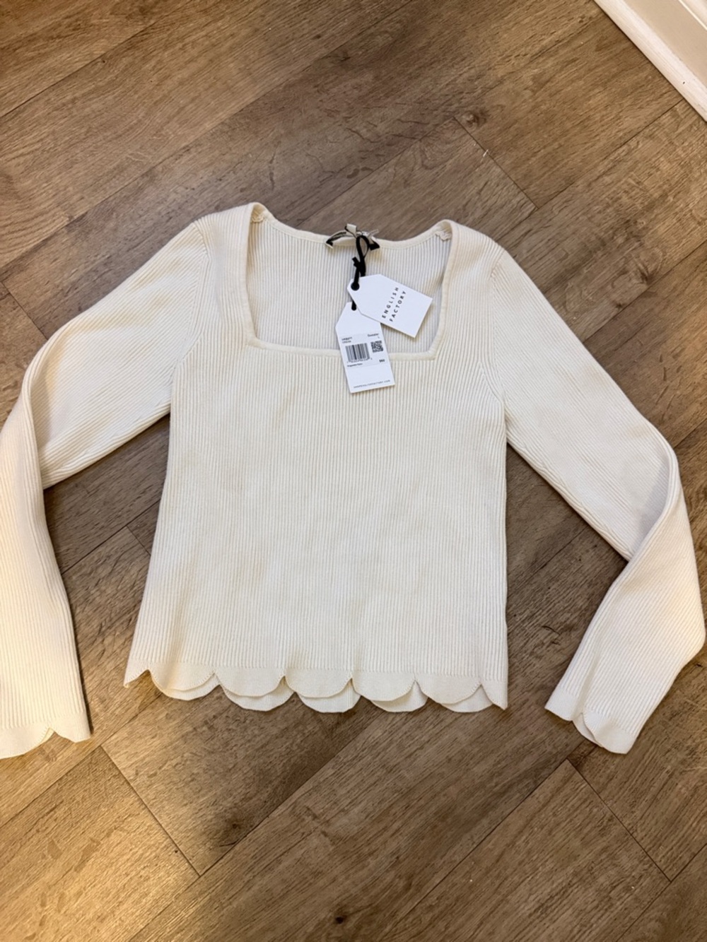 English Factory Cream Ribbed Sweater with Scallop Hem